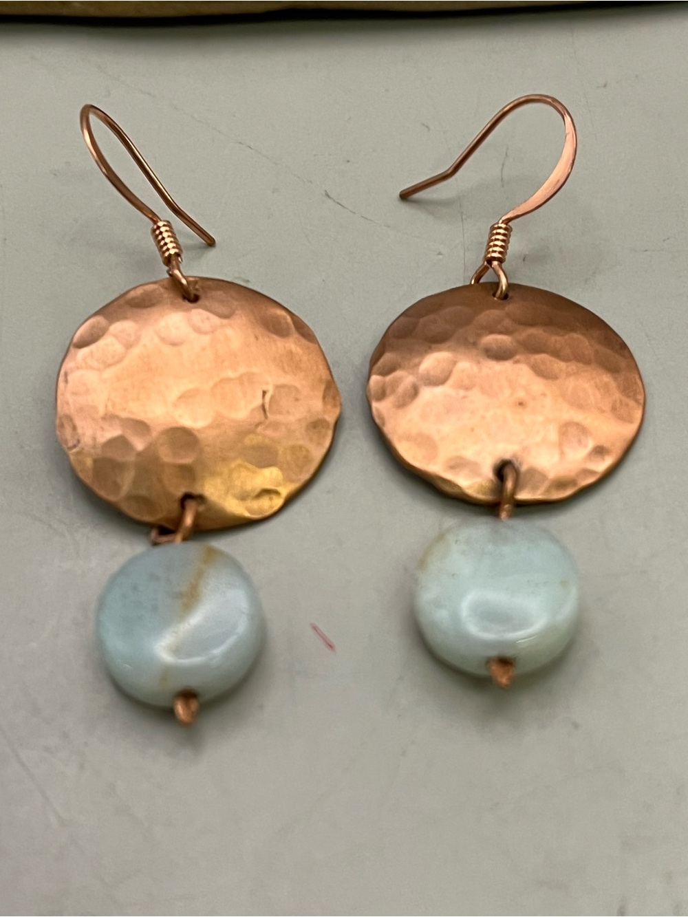 Handmade Hammered Copper Amazonite Dangle Earrings Boho Artisan Gemstone Disc - Picture 2 of 3
